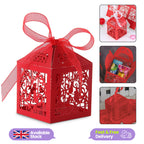 50x Laser Cut Love Heart & Doves Favours Box with Organza Ribbon - Red