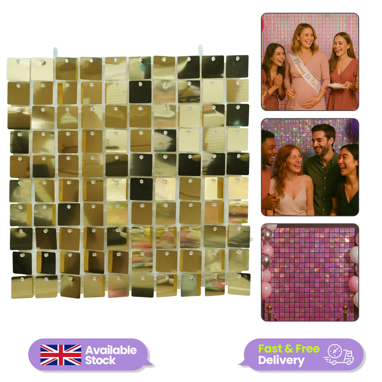 Square Sequin Wall Backdrop Panels - 30cm x 30cm - Gold