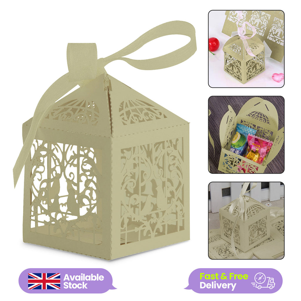 50x Laser Cut Love Heart & Doves Favours Box with Organza Ribbon - Honeydew