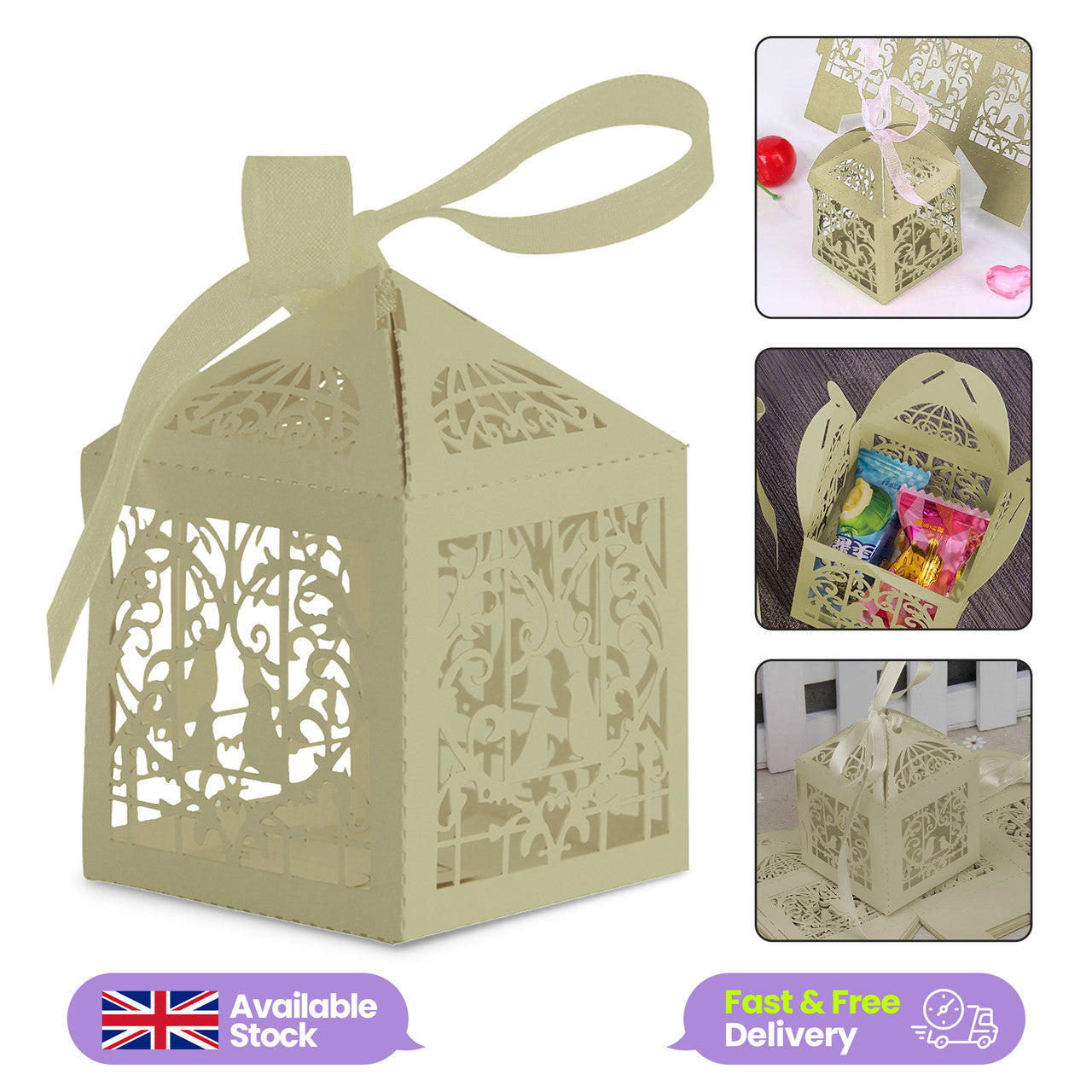 50x Laser Cut Love Heart & Doves Favours Box with Organza Ribbon - Honeydew