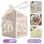 50x Laser Cut Love Heart & Doves Favours Box with Organza Ribbon - Beige