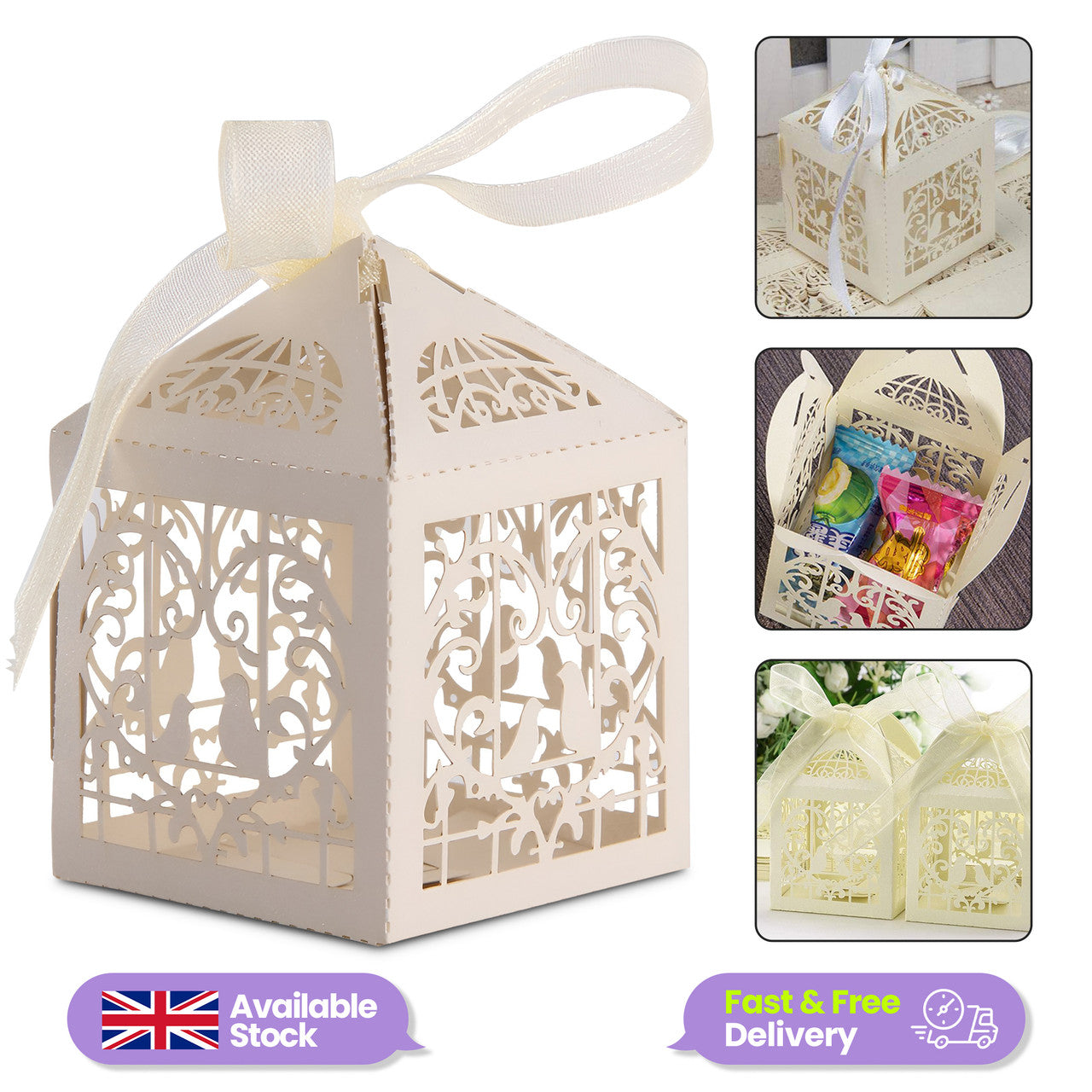50x Laser Cut Love Heart & Doves Favours Box with Organza Ribbon - Beige
