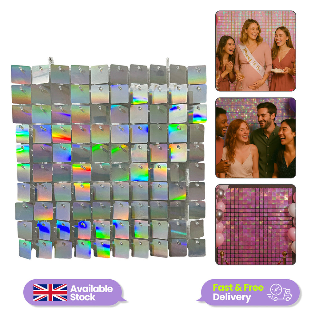 30x30cm Sequin Wall Panel - Iridescent Silver