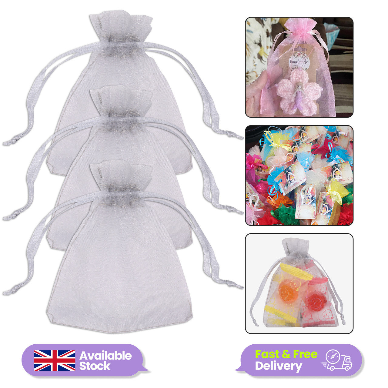 Organza Bags - 7cm x 9cm - 100pcs - Silver