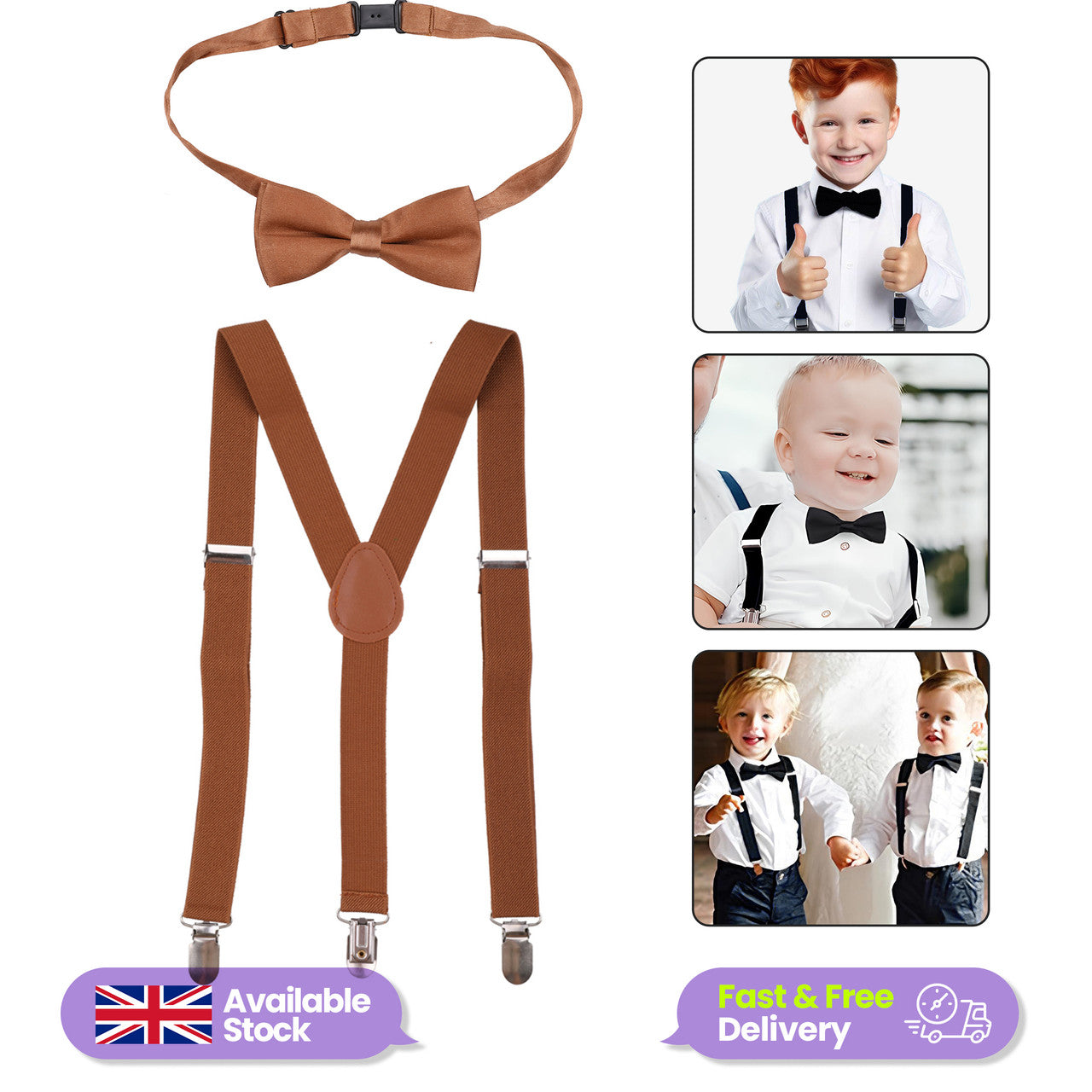 Kids Braces with Bow Tie - 25mm - Brown