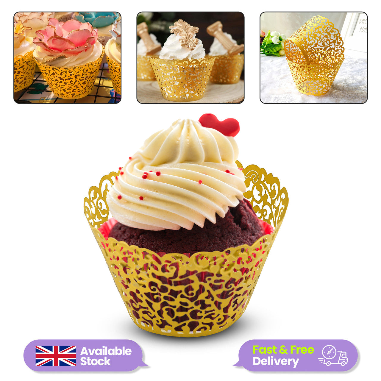 25x Laser Cut Cupcake Wrappers - Gold
