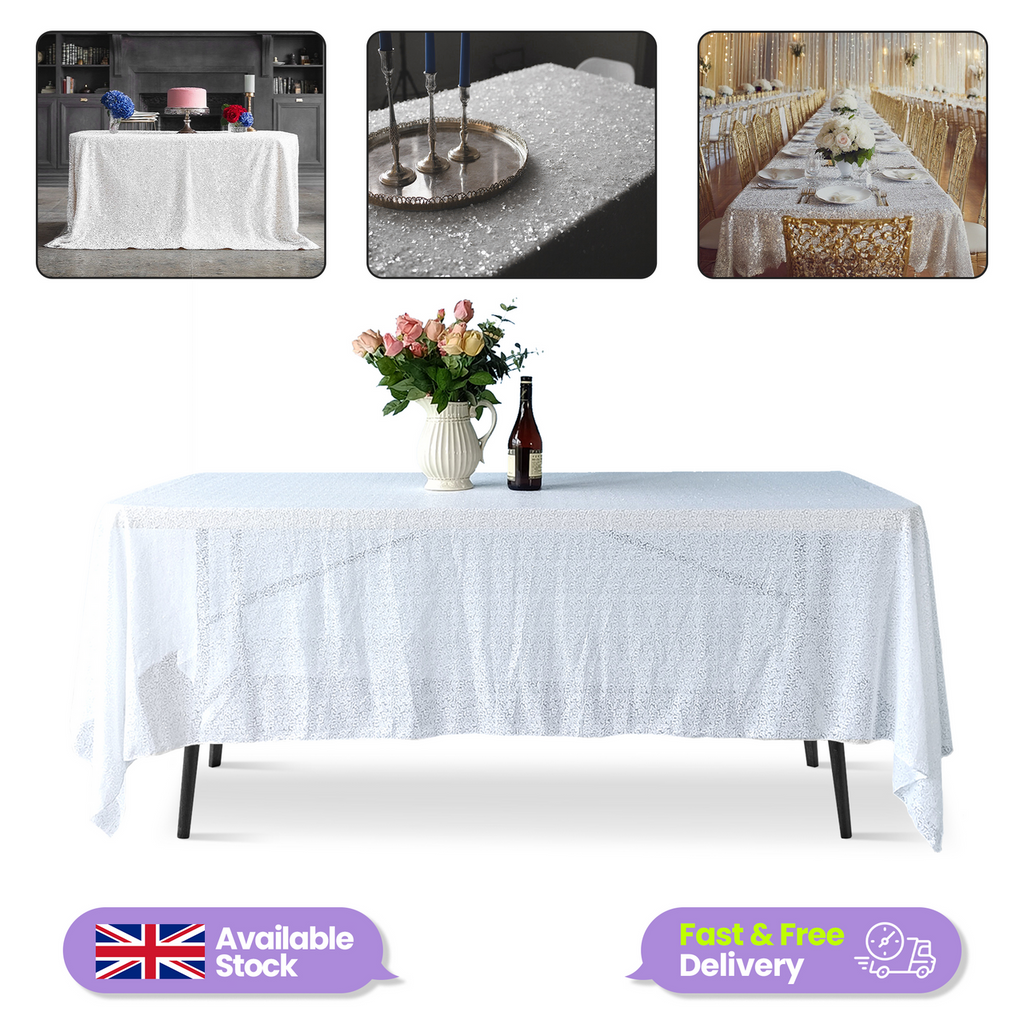 Sequin Rectangle Sparkly Tablecloth - White
