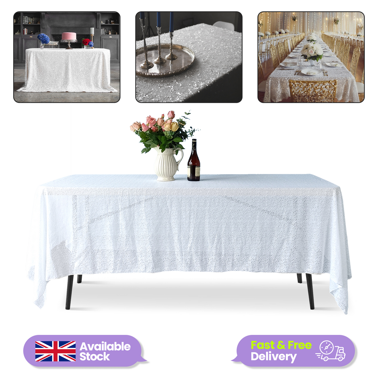Sequin Rectangle Sparkly Tablecloth - White