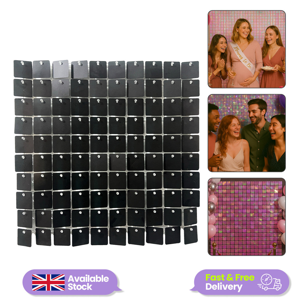 30x30cm Sequin Wall Panel - Metal Black