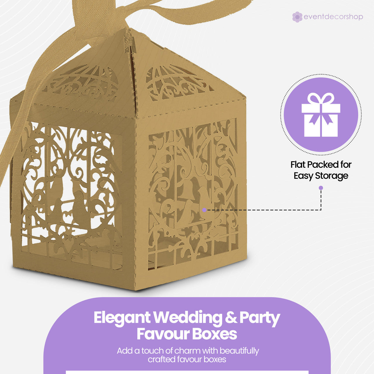 50x Laser Cut Love Heart & Doves Favours Box with Organza Ribbon - Gold