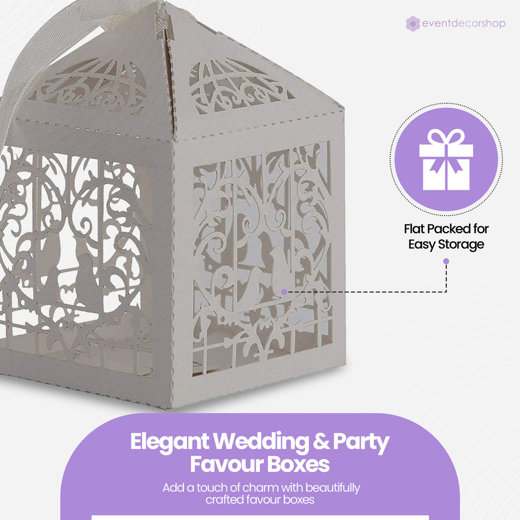50x Laser Cut Love Heart & Doves Favours Box with Organza Ribbon - Silver
