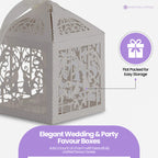 50x Laser Cut Love Heart & Doves Favours Box with Organza Ribbon - Silver
