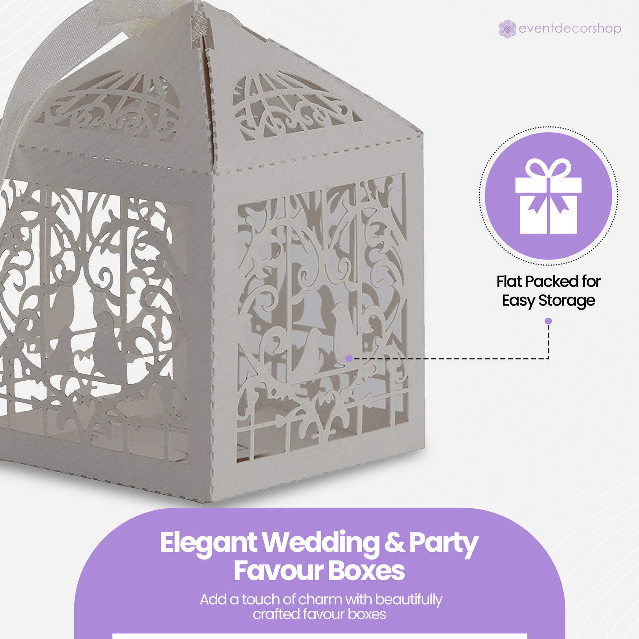 50x Laser Cut Love Heart & Doves Favours Box with Organza Ribbon - Silver