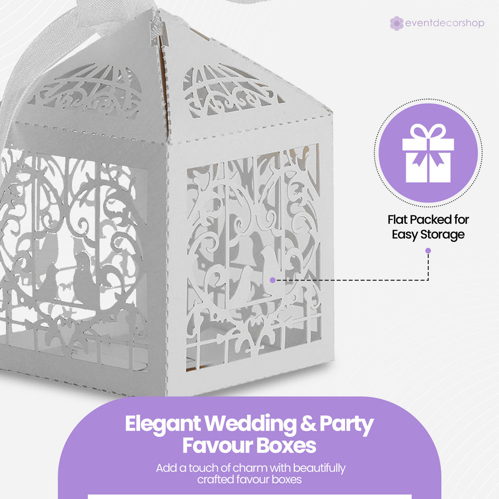 50x Laser Cut Love Heart & Doves Favours Box with Organza Ribbon - White