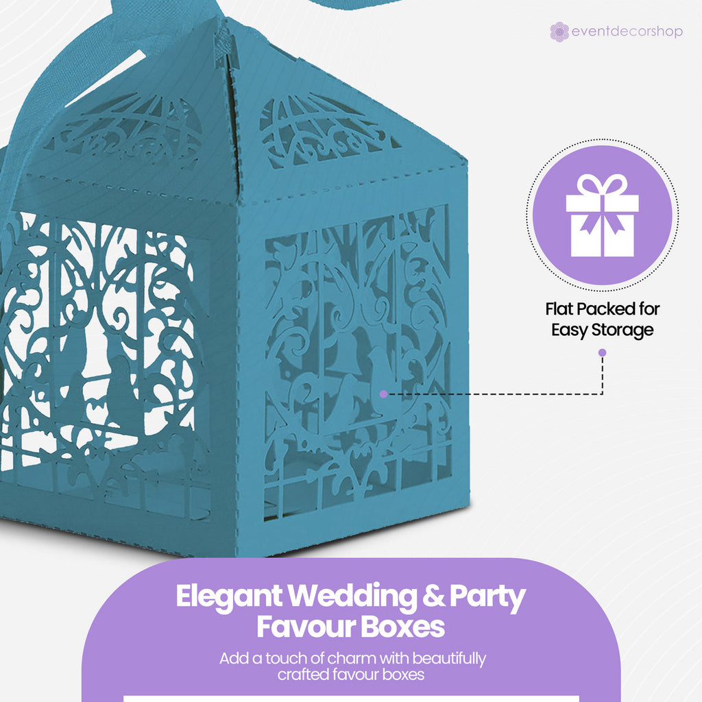 50x Laser Cut Love Heart & Doves Favours Box with Organza Ribbon - Sky Blue