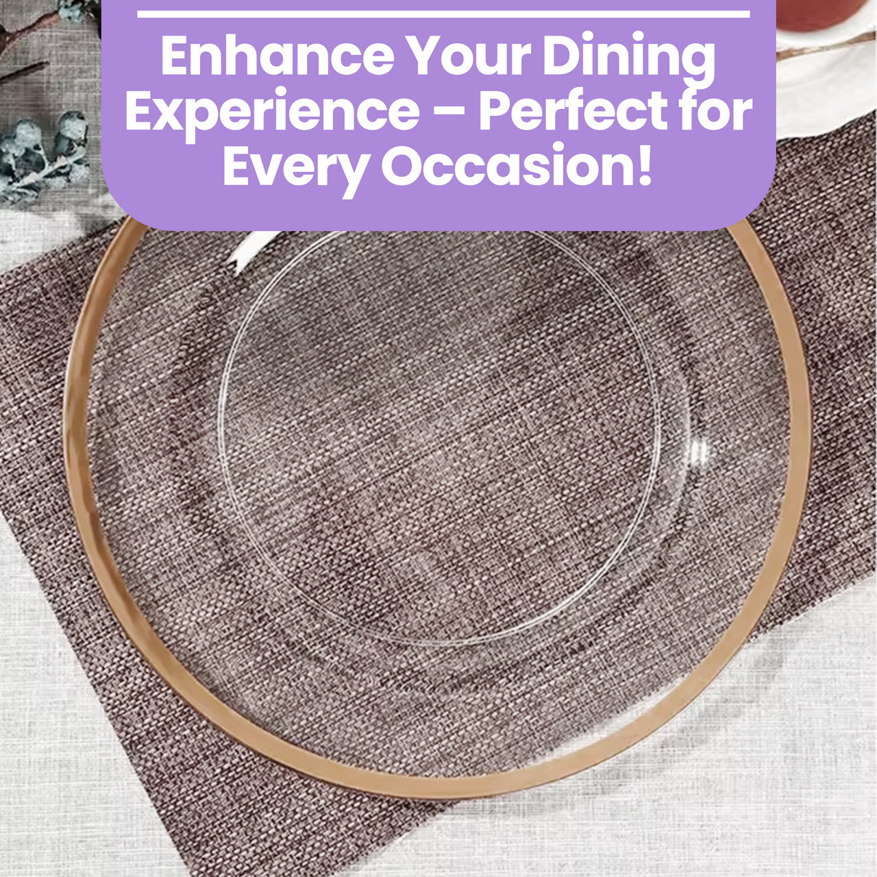 13" Round Charger Plate - Clear with Rose Gold Trim
