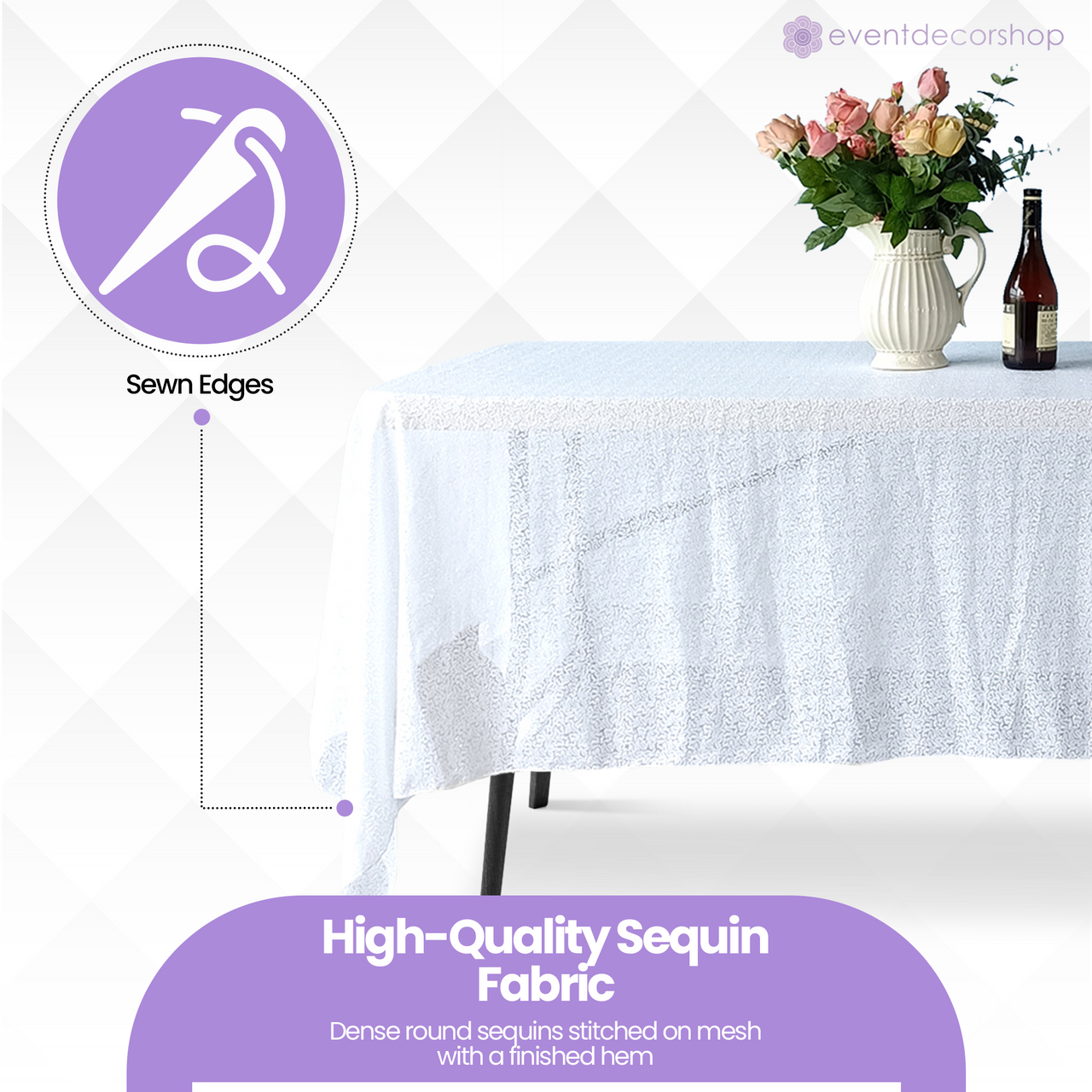 Sequin Rectangle Sparkly Tablecloth - White
