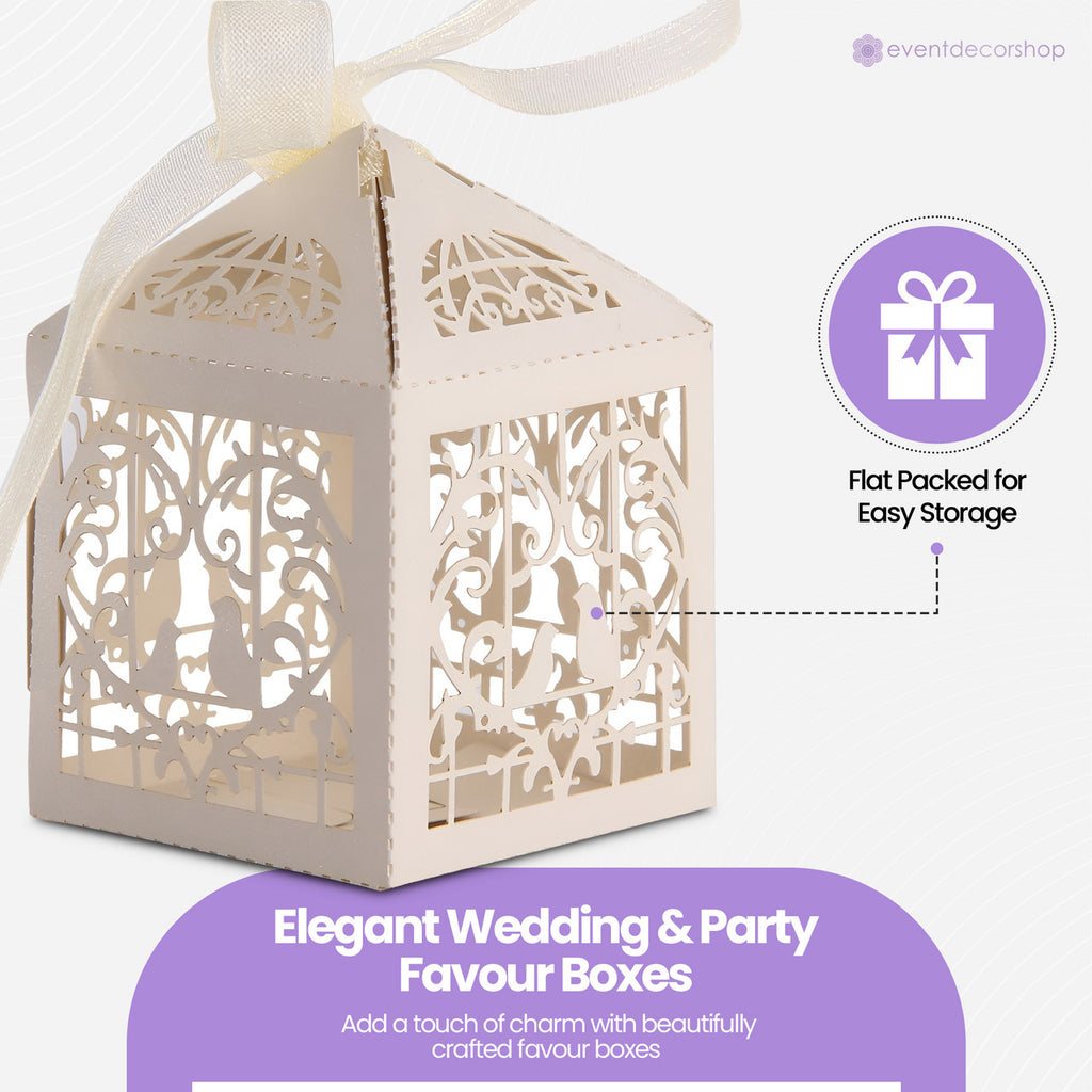 50x Laser Cut Love Heart & Doves Favours Box with Organza Ribbon - Beige