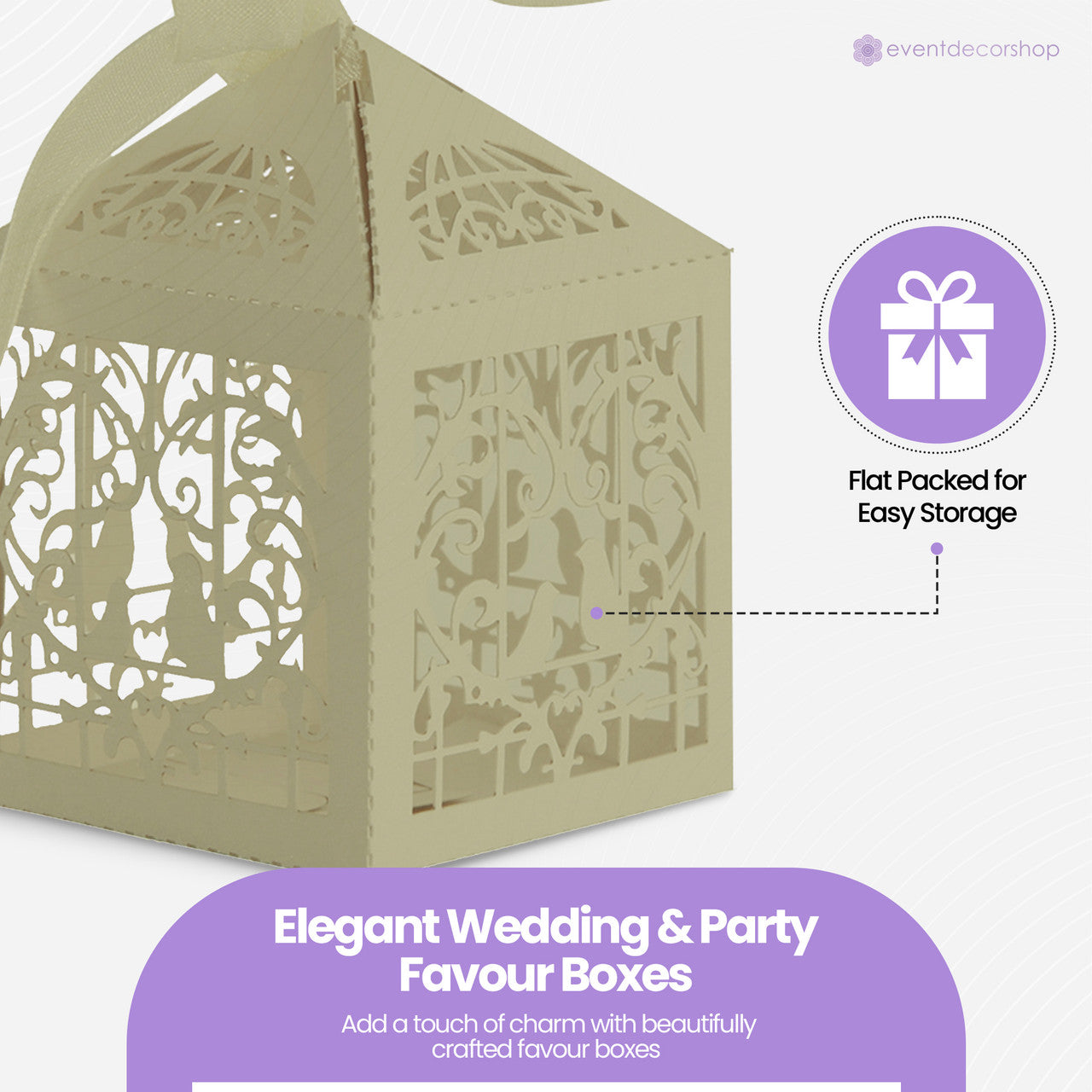 50x Laser Cut Love Heart & Doves Favours Box with Organza Ribbon - Honeydew