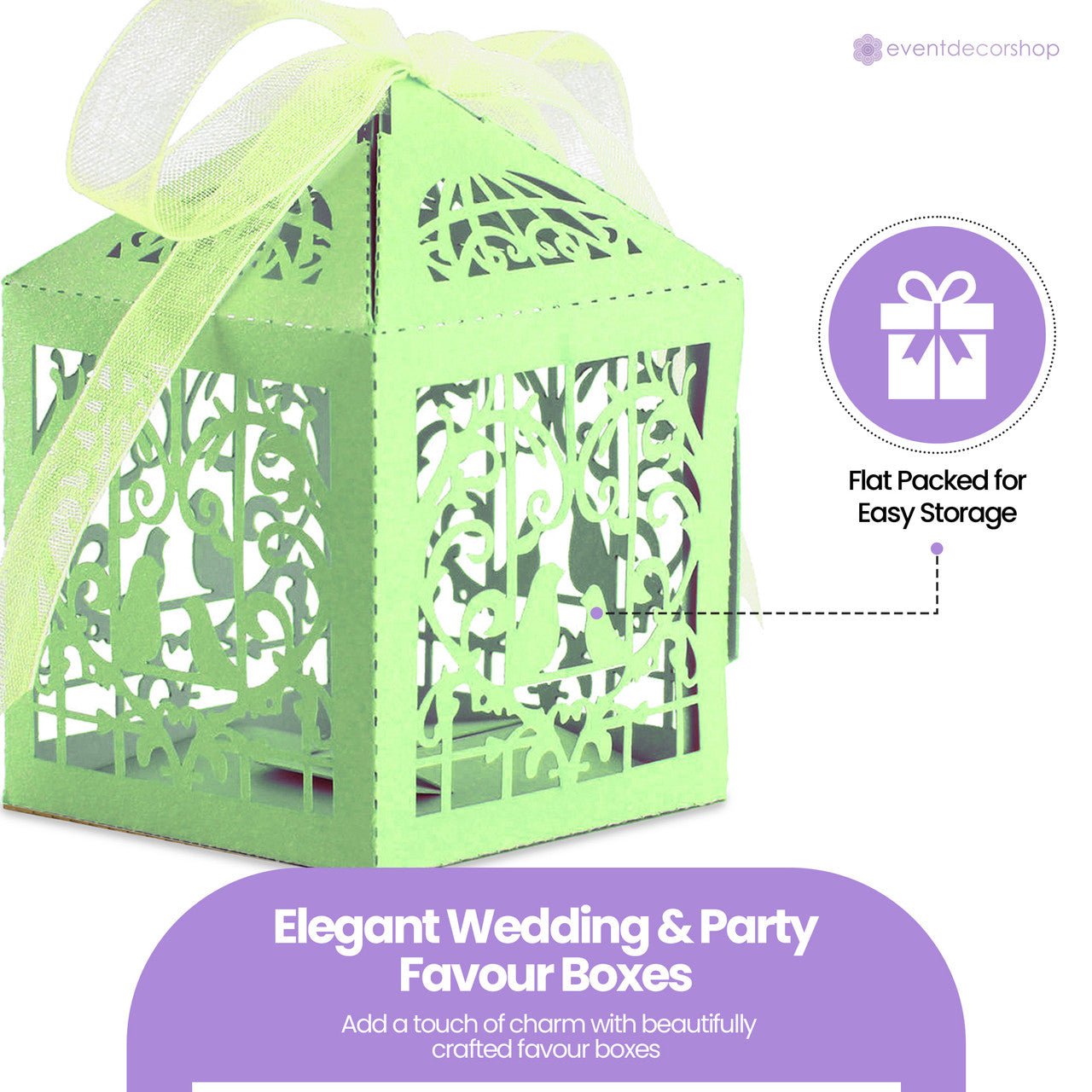 50x Laser Cut Love Heart & Doves Favours Box with Organza Ribbon - Green