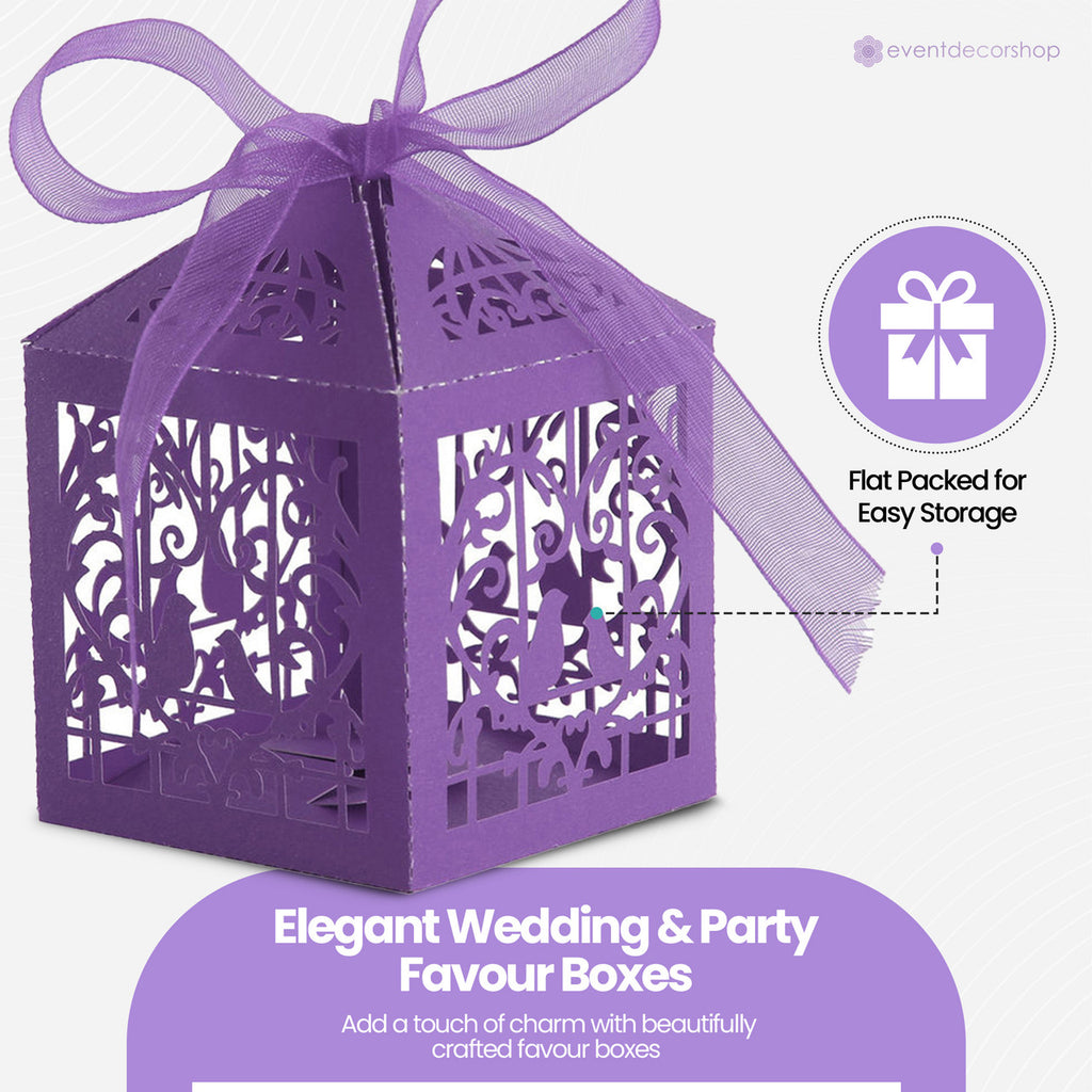 50x Laser Cut Love Heart & Doves Favours Box with Organza Ribbon - Dark Purple
