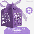 50x Laser Cut Love Heart & Doves Favours Box with Organza Ribbon - Dark Purple