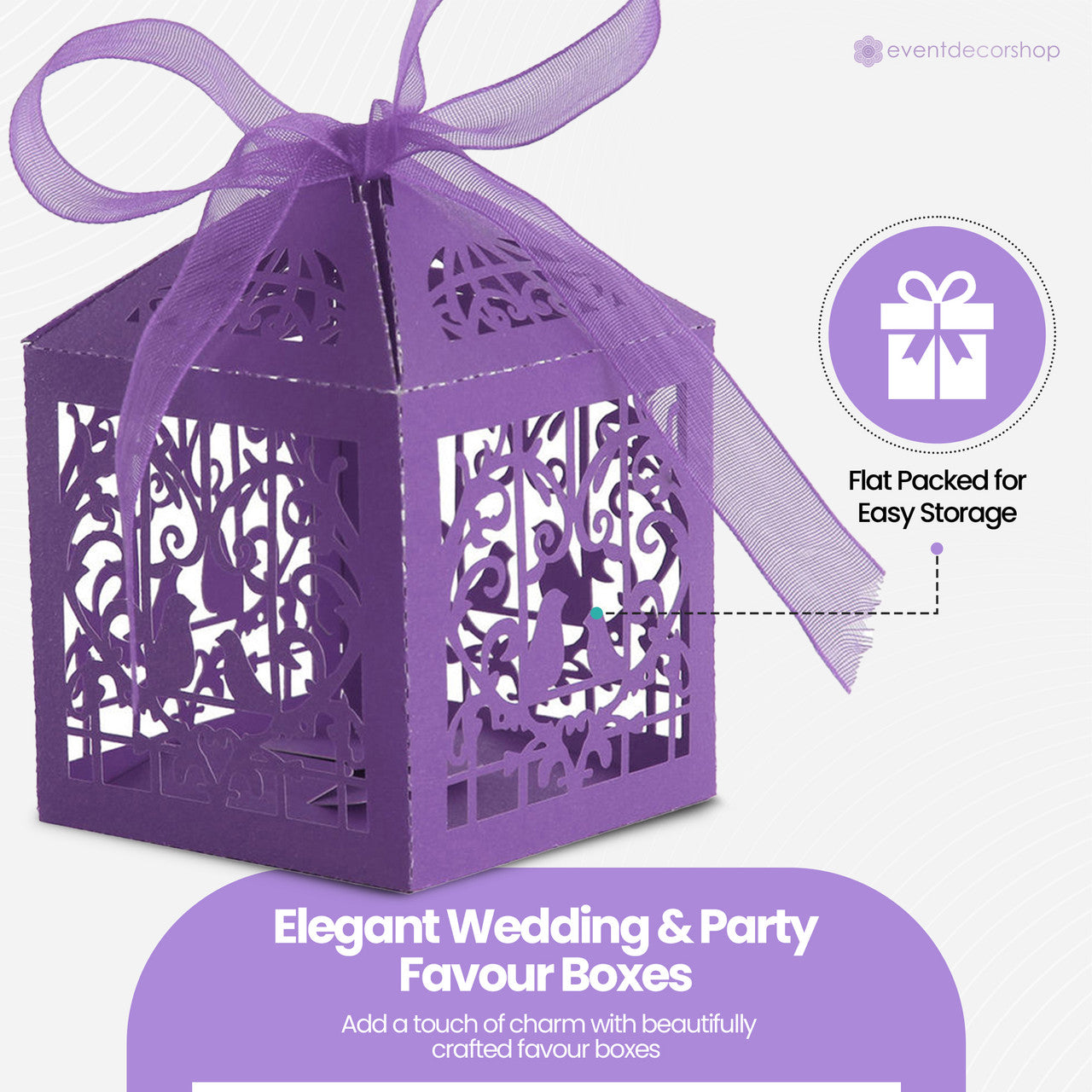 50x Laser Cut Love Heart & Doves Favours Box with Organza Ribbon - Dark Purple