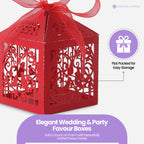 50x Laser Cut Love Heart & Doves Favours Box with Organza Ribbon - Red