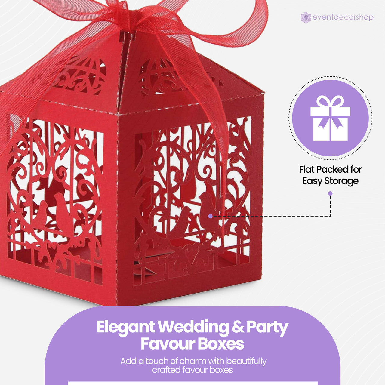 50x Laser Cut Love Heart & Doves Favours Box with Organza Ribbon - Red