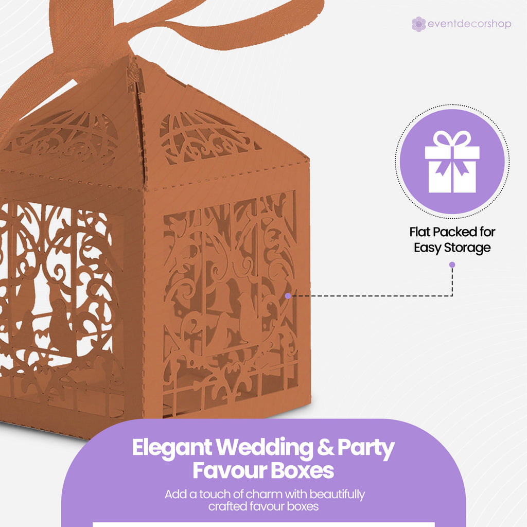 50x Laser Cut Love Heart & Doves Favours Box with Organza Ribbon - Orange