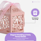 50x Laser Cut Love Heart & Doves Favours Box with Organza Ribbon - Pink