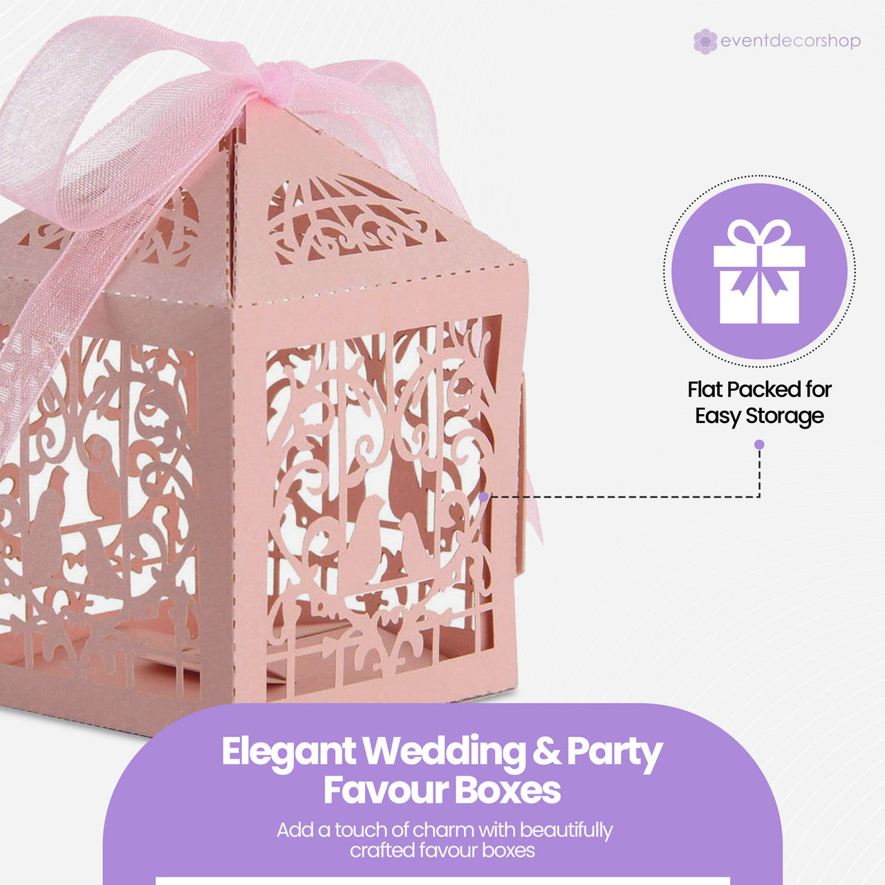50x Laser Cut Love Heart & Doves Favours Box with Organza Ribbon - Pink