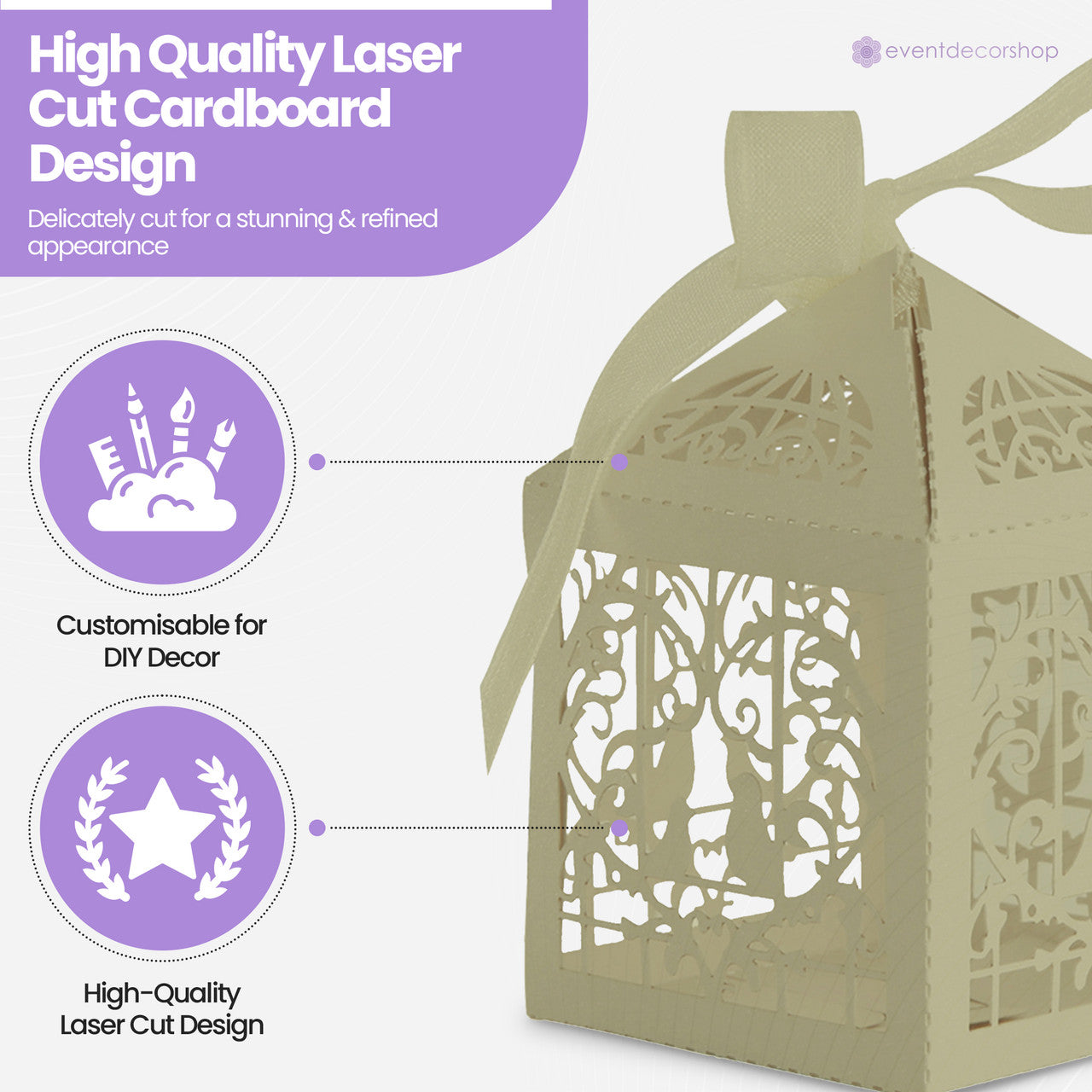 50x Laser Cut Love Heart & Doves Favours Box with Organza Ribbon - Honeydew