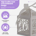 50x Laser Cut Love Heart & Doves Favours Box with Organza Ribbon - Silver