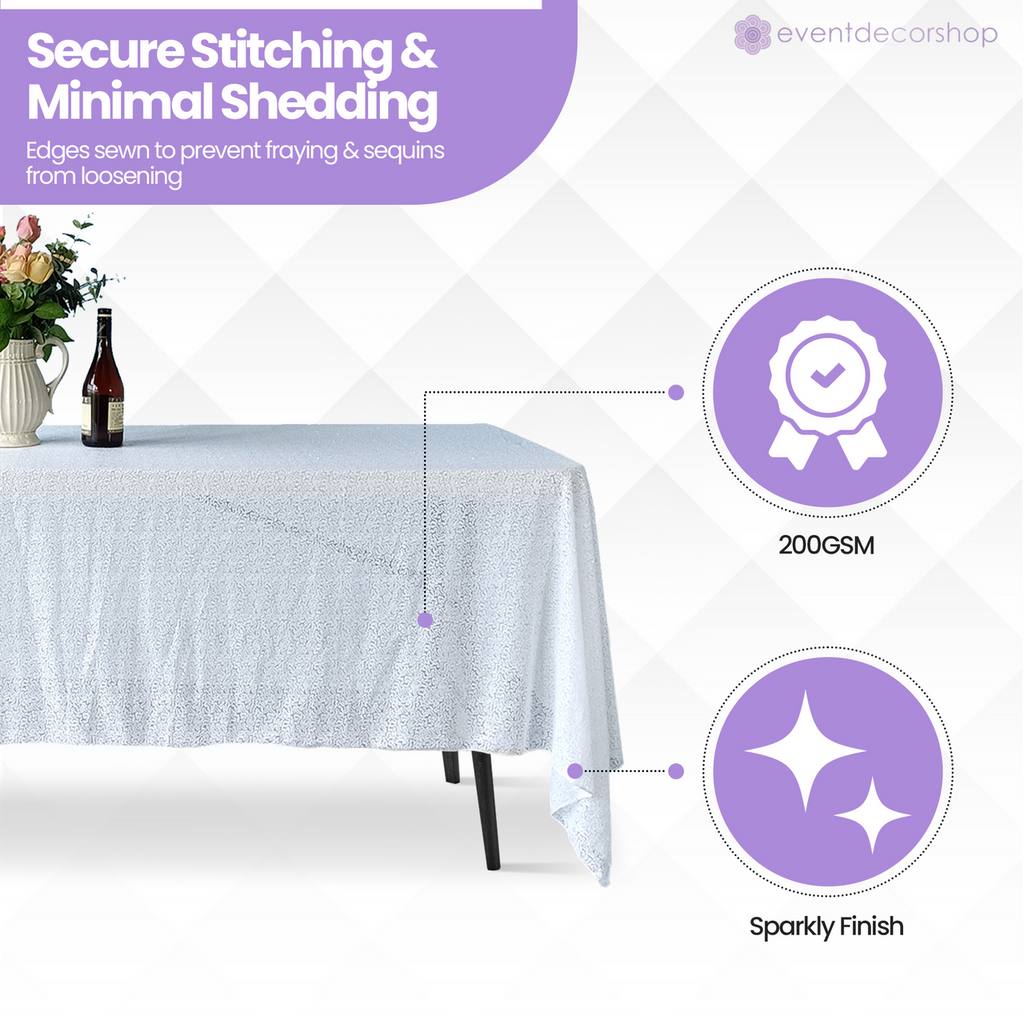 Sequin Rectangle Sparkly Tablecloth - White