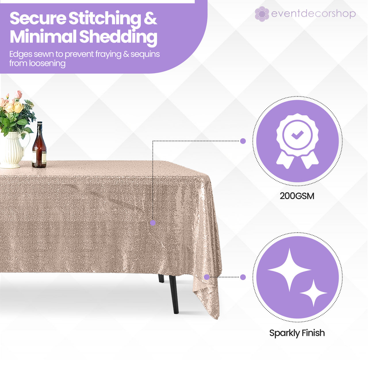 Sequin Rectangle Sparkly Tablecloth - Rose Gold