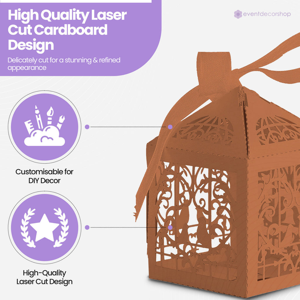 50x Laser Cut Love Heart & Doves Favours Box with Organza Ribbon - Orange