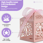 50x Laser Cut Love Heart & Doves Favours Box with Organza Ribbon - Pink