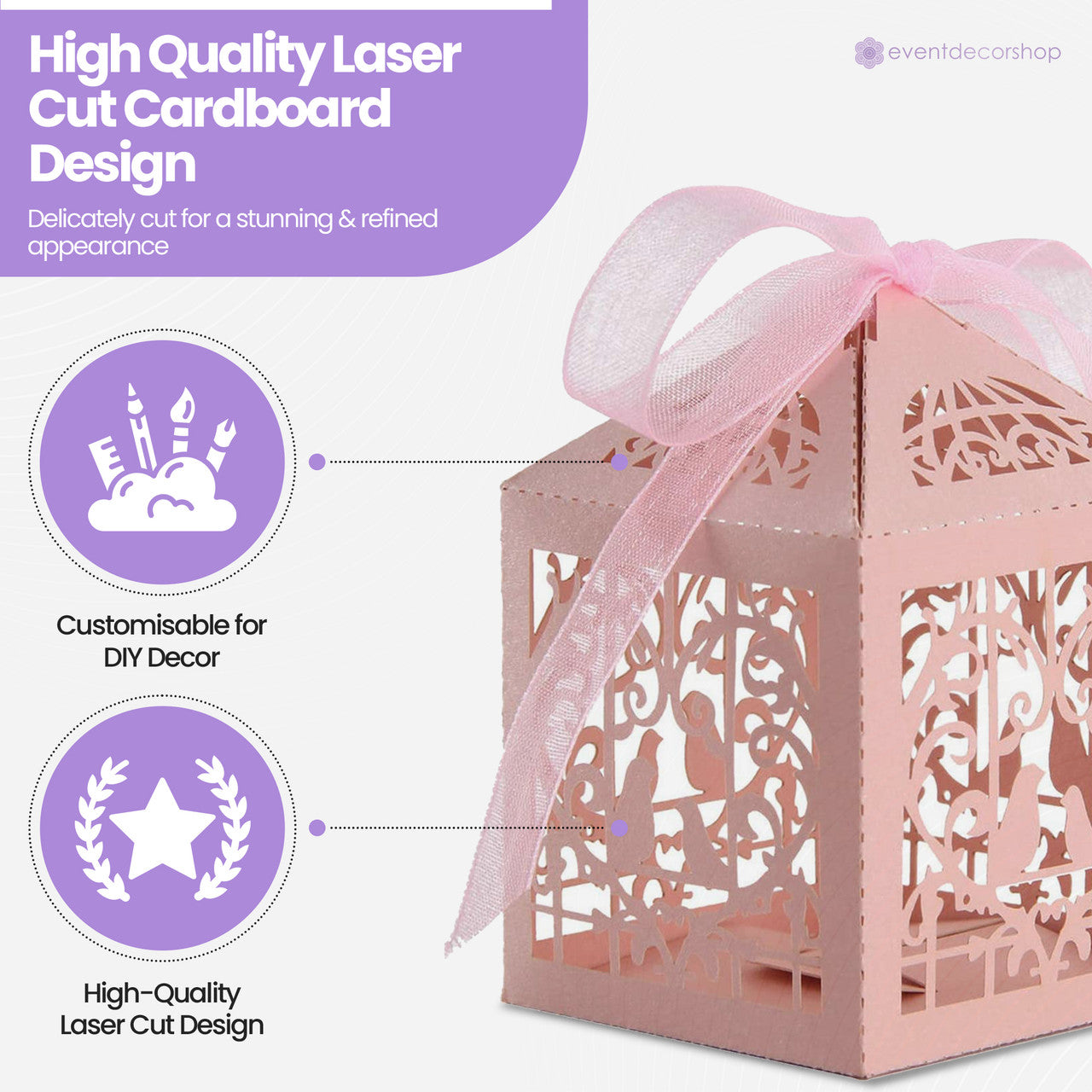 50x Laser Cut Love Heart & Doves Favours Box with Organza Ribbon - Pink