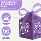 50x Laser Cut Love Heart & Doves Favours Box with Organza Ribbon - Dark Purple
