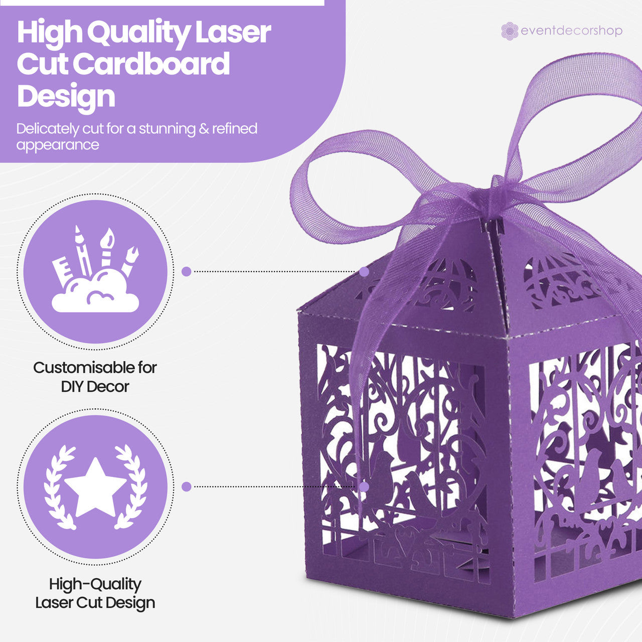 50x Laser Cut Love Heart & Doves Favours Box with Organza Ribbon - Dark Purple