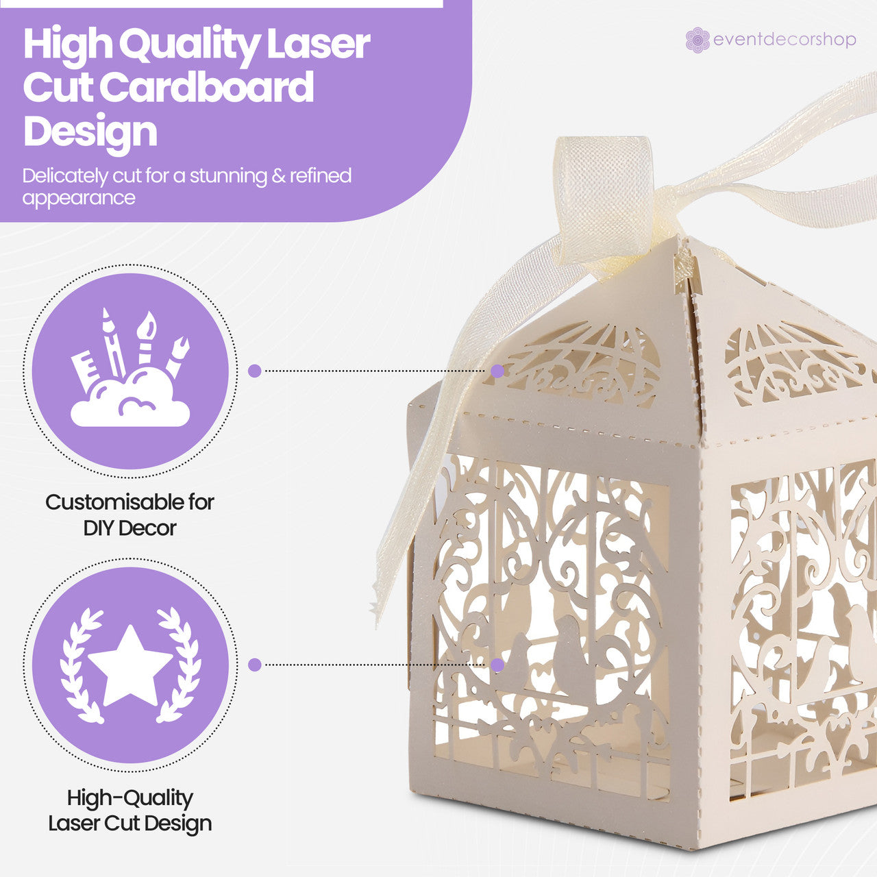 50x Laser Cut Love Heart & Doves Favours Box with Organza Ribbon - Beige