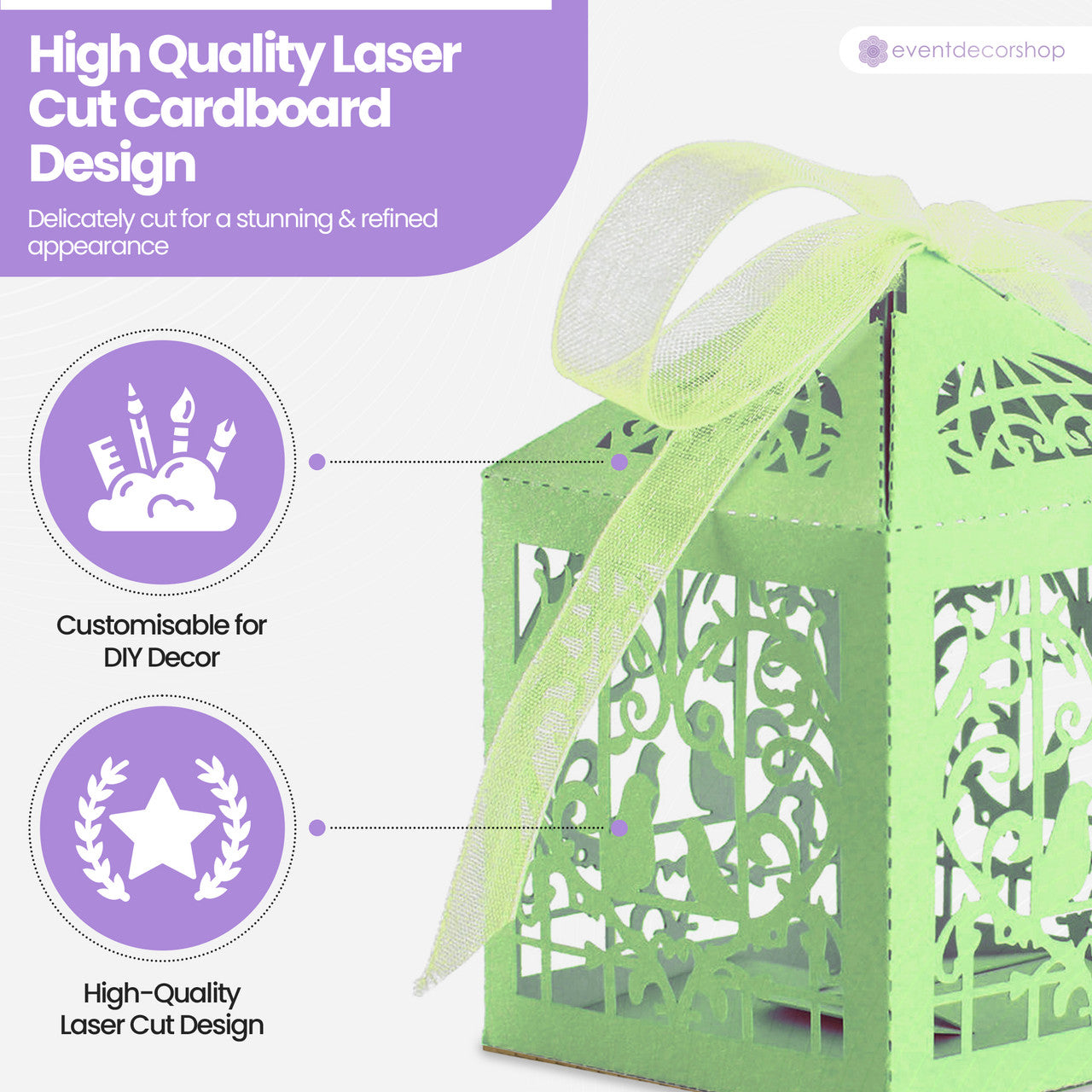 50x Laser Cut Love Heart & Doves Favours Box with Organza Ribbon - Green