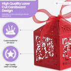 50x Laser Cut Love Heart & Doves Favours Box with Organza Ribbon - Red