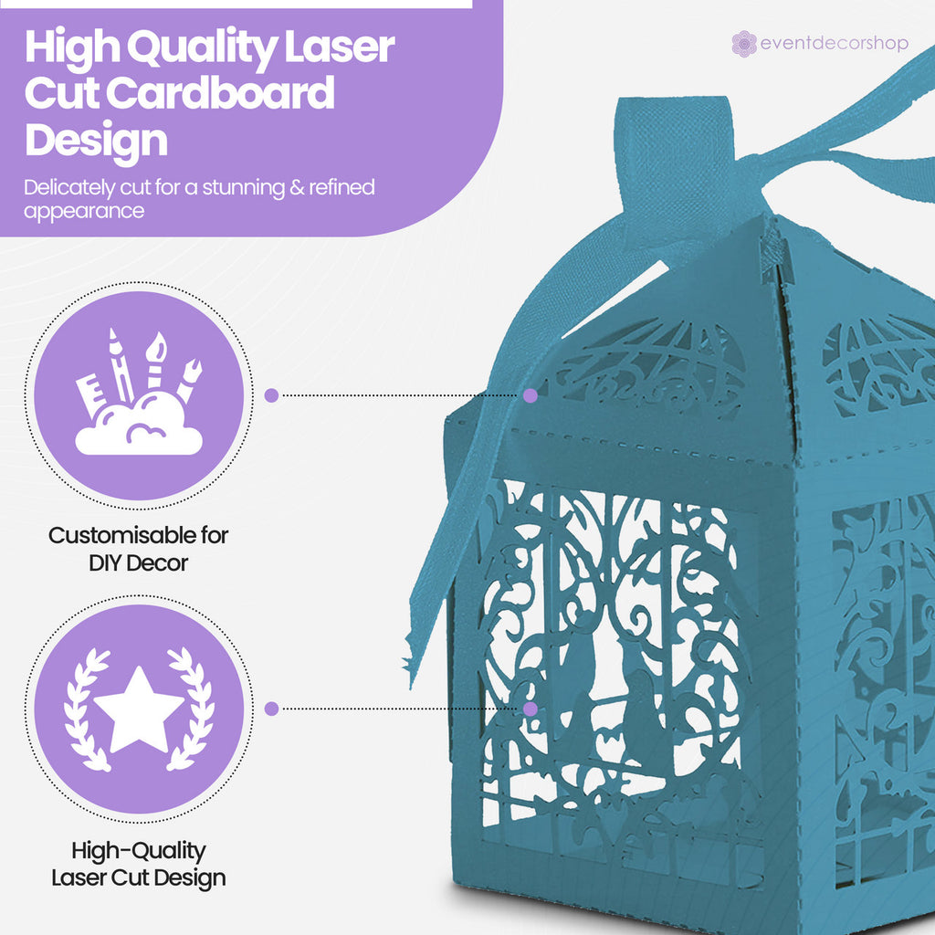 50x Laser Cut Love Heart & Doves Favours Box with Organza Ribbon - Sky Blue