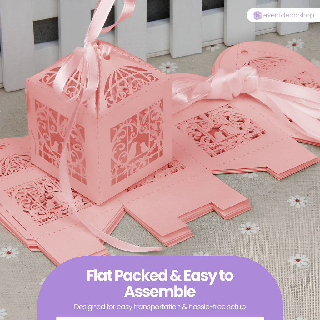 50x Laser Cut Love Heart & Doves Favours Box with Organza Ribbon - Pink