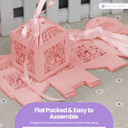 50x Laser Cut Love Heart & Doves Favours Box with Organza Ribbon - Pink