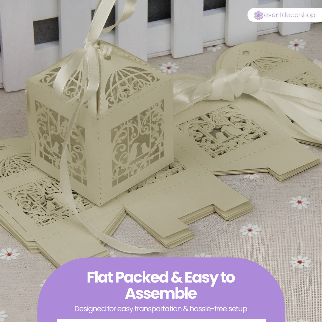 50x Laser Cut Love Heart & Doves Favours Box with Organza Ribbon - Honeydew