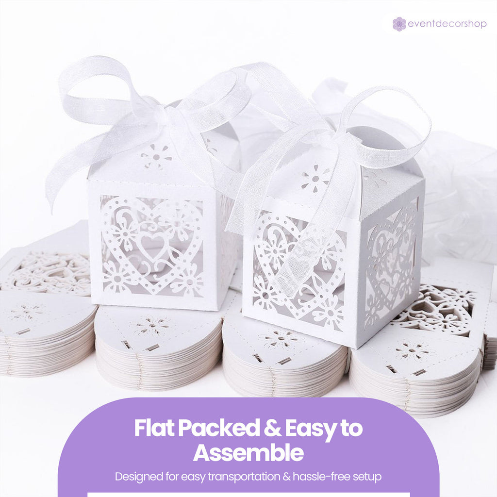 50x Laser Cut Love Heart & Doves Favours Box with Organza Ribbon - White