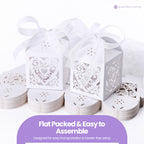 50x Laser Cut Love Heart & Doves Favours Box with Organza Ribbon - White